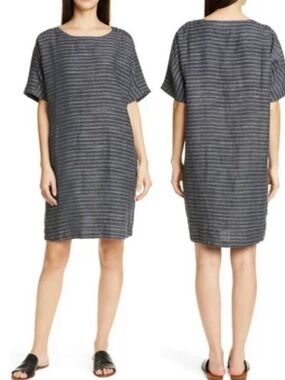 Eileen Fisher Organic Linen Delave Pinstripe Scoop Neck Tunic Dress Graphite S